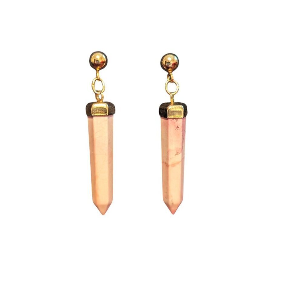 Polished Rose Quartz Crystal Earring Dangle Pointed Post Gold Boho Fairycore